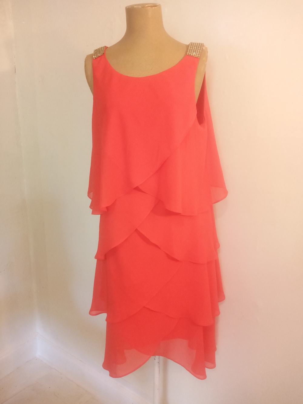 Tiered Coral Sleeveless Ruffle Dress with Embellished Straps NWT
